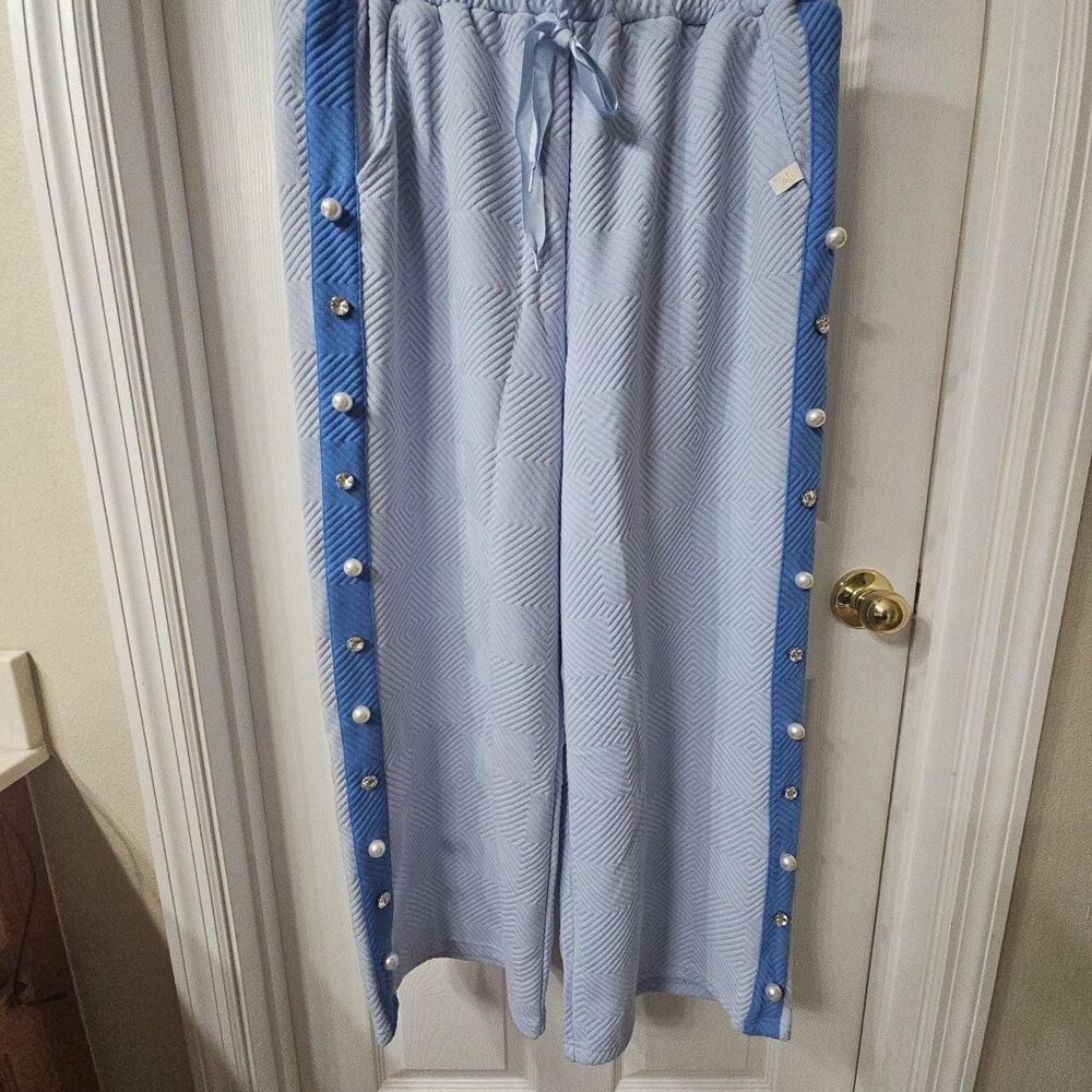 Simply Southern Women's XL Textured Wide Leg Pants w/ Pearl and Rhinestone Trim - Picture 1 of 8